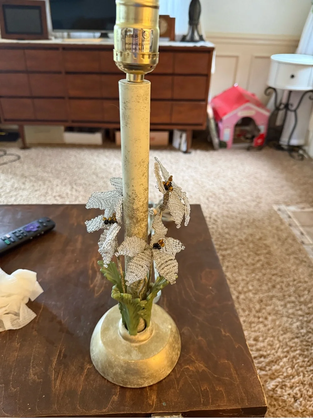 Vintage-style Beaded Flower Table Lamp - Silver and Green Hollywood recently